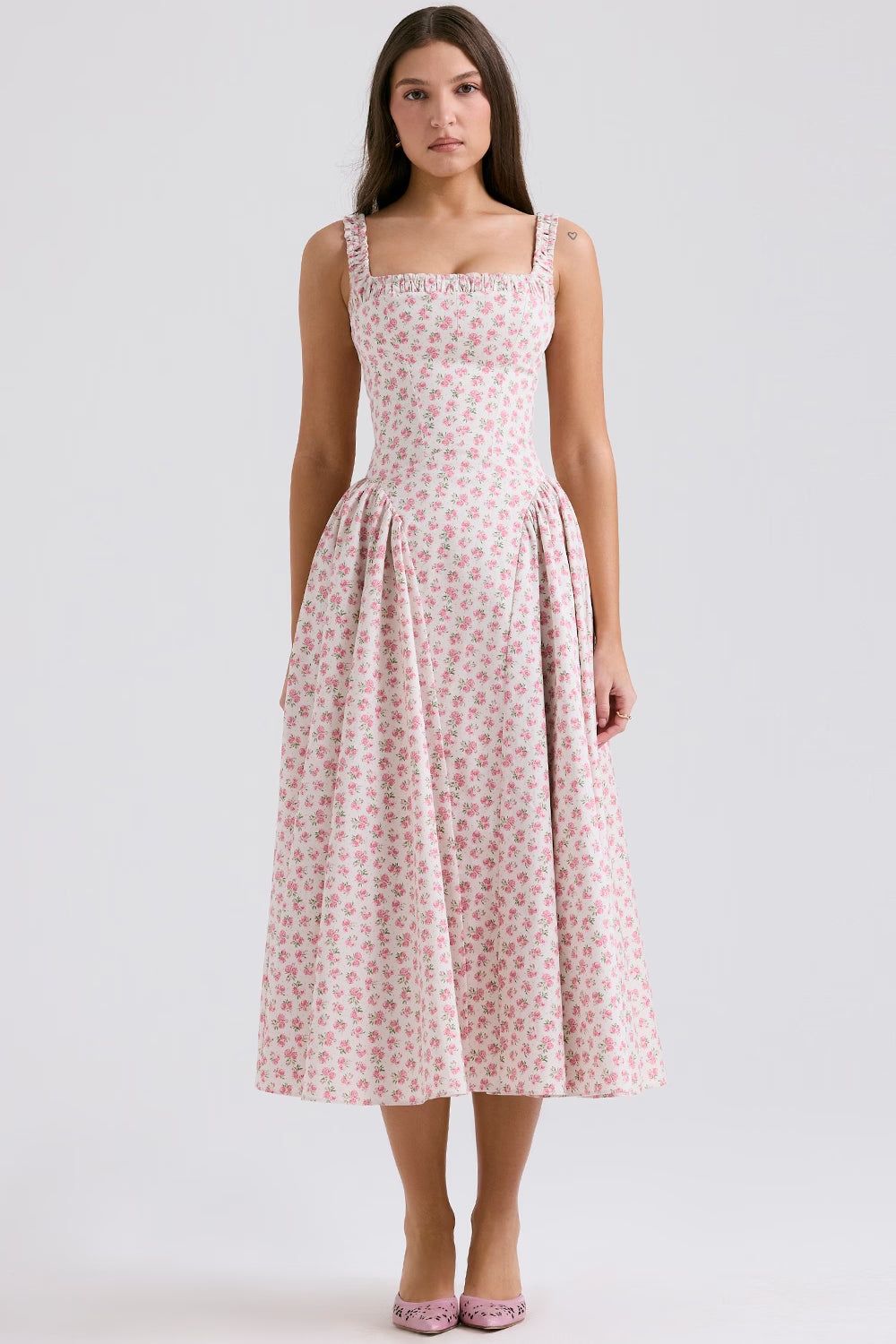 white rosebud print cotton midi sundress